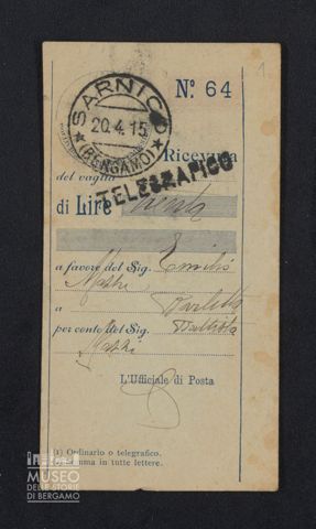 Tagliando di vaglia telegrafico a favore di Emilio Mazzi da parte del padre Giovanni Battista