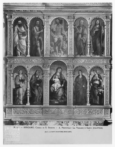 Polittico in dieci scomparti, raffiguranti Madonna col Bambino, Redentore e santi. Opera di Andrea Previtali