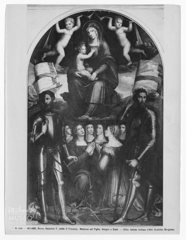 Madonna con Bambino in gloria, san Gervasio, san Protasio, santa Caterina d'Alessandria, santa Giustina, quattro monache e angeli di Giacomo Raibolini