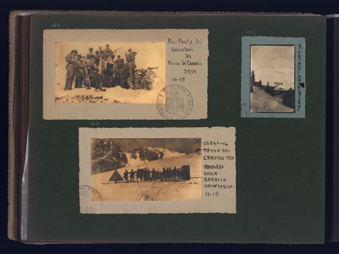 Ritratti di Alpini e veduta di un paesaggio montano