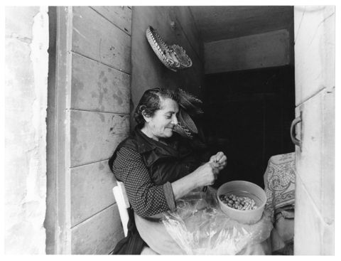 Donna che denocciola le olive ad Acquaviva Picena