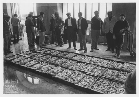 Uomini al mercato del pesce a Manfredonia