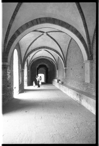 Nel portico del chiostro dell'abbazia di Morimondo