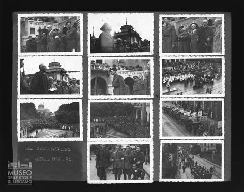 Comizio  a Bergamo delle autorità militari alleate, di membri del CLN e sfilata di gruppi partigiani