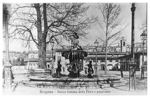 Riproduzione di una stampa con uno scorcio di Bergamo