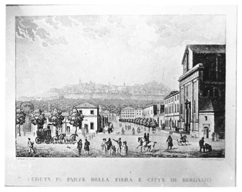 Riproduzione di una stampa ritraente la Fiera di Bergamo