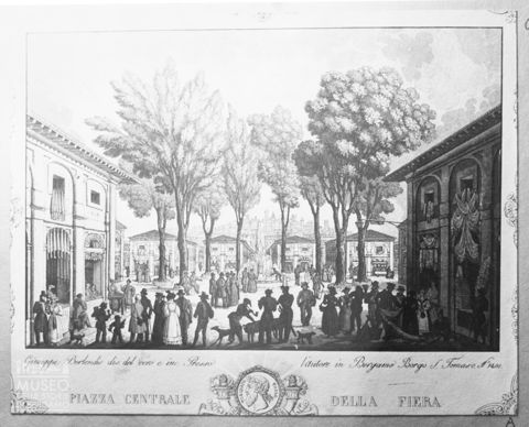 Riproduzione di una stampa ritraente la piazza centrale della Fiera di Bergamo