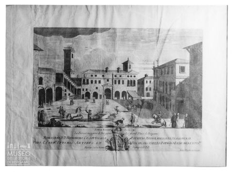 Riproduzione di una stampa ritraente piazza Maggiore, oggi Piazza Vecchia, di Bergamo