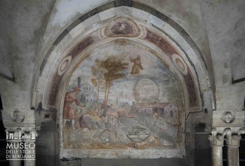 Sant'Antonio da Padova dalle nubi osserva un gruppo di devoti inginocchiati