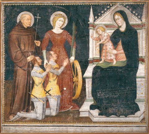 Madonna col Bambino in trono, San Francesco d'Assisi e Santa Caterina d'Alessandria, con due devoti
