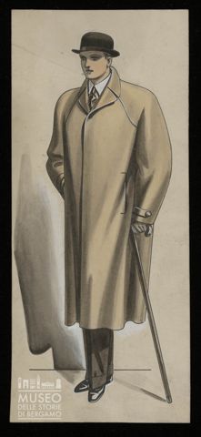 Uomo in soprabito con cappello e bastone