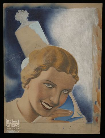 Volto di donna con tubetto di dentifricio sullo sfondo