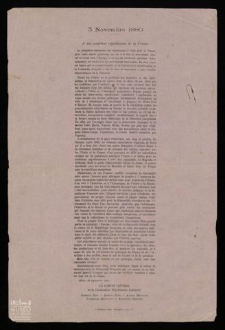 3 NOVEMBRE 1880 - A NOS CONFRÉRES RÉPUBLICAINS DE LA FRANCE