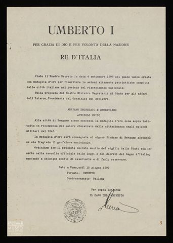 UMBERTO I PER GRAZIA DI DIO E PER VOLONTÀ DELLA NAZIONE RE D'ITALIA
