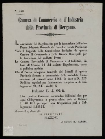 IN OSSERVANZA DEL REGOLAMENTO PER LA FORMAZIONE DELL'UNICO PREZZO ADEQUATO GENERALE DEI BOZZOLI