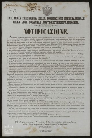 IMPERIALE REGIA PRESIDENZA DELLA COMMISSIONE DELLA LEGA DOGANALE AUSTRO-ESTENSE-PARMIGIANA. NOTIFICAZIONE