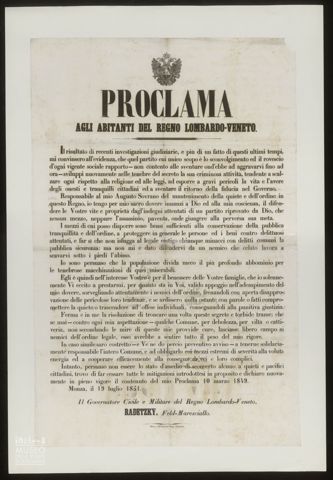PROCLAMA. AGLI ABITANTI DEL REGNO LOMBARDO-VENETO.