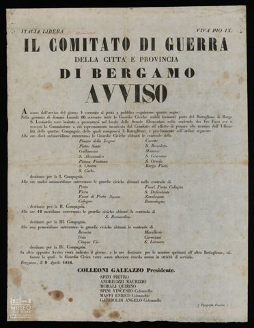 ITALIA LIBERA.VIVA PIO IX. IL COMITATO DI GUERRA DELLA CITTA' E PROVINCIA DI BERGAMO