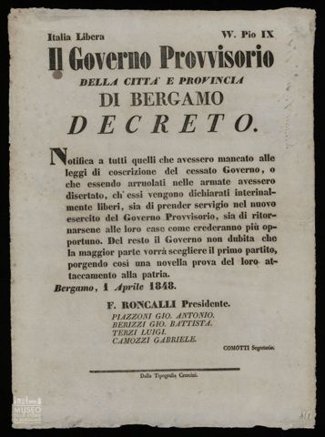 IL GOVERNO PROVVISORIO DELLA CITTA' E PROVINCIA DI BERGAMO