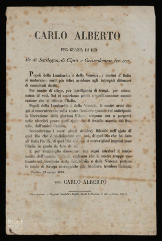 CARLO ALBERTO PER LA GRAZIA DI DIO RE DI SARDEGNA DI CIPRO E DI GERUSALEMME