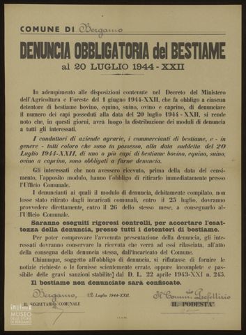 DENUNCIA OBBLIGATORIA DEL BESTIAME AL 20 LUGLIO 1944 - XXII