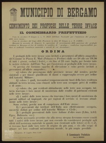 MUNICIPIO DI BERGAMO. CENSIMENTO DEI PROFUGHI DELLE TERRE INVASE