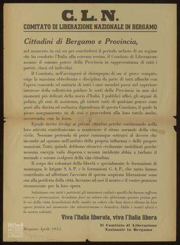 C.L.N. COMITATO DI LIBERAZIONE NAZIONALE IN BERGAMO