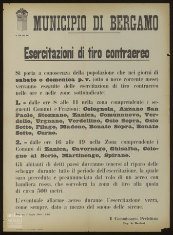 MUNICIPIO DI BERGAMO. ESERCITAZIONI DI TIRO CONTRAEREO