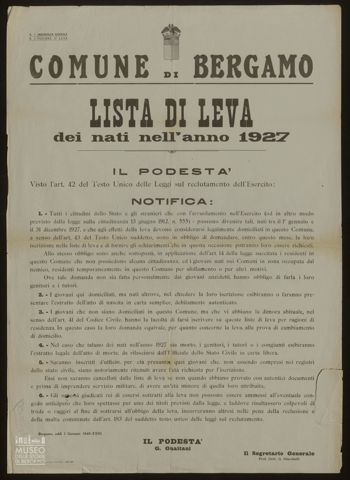 COMUNE DI BERGAMO. LISTA DI LEVA DEI NATI NELL'ANNO 1927