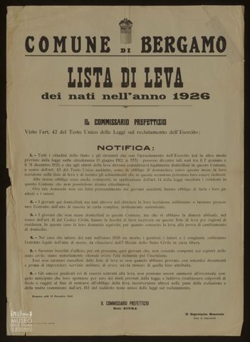 COMUNE DI BERGAMO. LISTA DI LEVA DEI NATI NELL'ANNO 1926