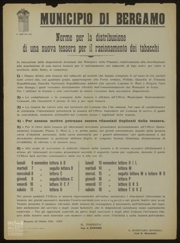 MUNICIPIO DI BERGAMO. NORME PER LA DISTRIBUZIONE DI UNA NUOVA TESSERA PER IL RAZIONAMENTO DEI TABACCHI