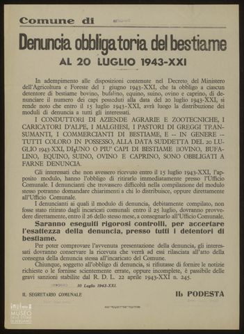 DENUNCIA OBBLIGATORIA DEL BESTIAME AL 20 LUGLIO 1943-XXI