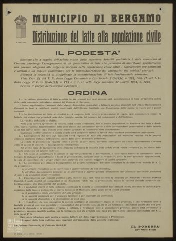 MUNICIPIO DI BERGAMO. DISTRIBUZIONE DEL LATTE ALLA POPOLAZIONE CIVILE