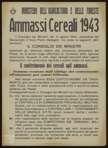MINISTERO DELL'AGRICOLTURA E DELLE FORESTE. AMMASSI CEREALI 1943