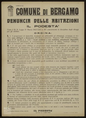 COMUNE DI BERGAMO. DENUNCIA DELLE ABITAZIONI. IL PODESTA'