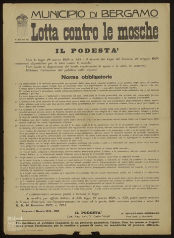 MUNICIPIO DI BERGAMO. LOTTA CONTRO LE MOSCHE. IL PODESTA'