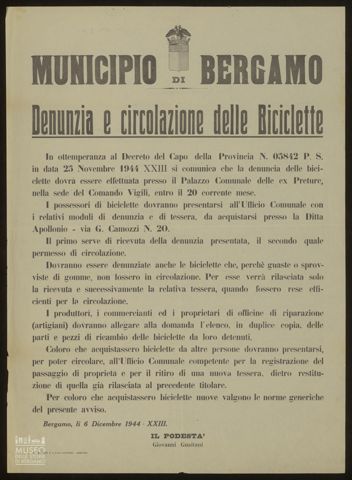 MUNICIPIO DI BERGAMO. DENUNZIA E CIRCOLAZIONE DELLE BICICLETTE.
