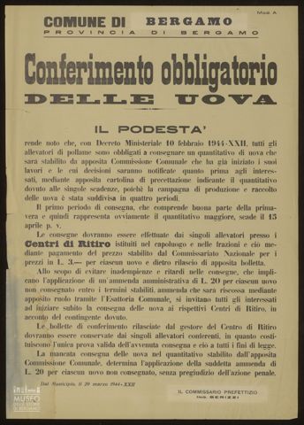 COMUNE DI BERGAMO. PROVINCIA DI BERGAMO. CONFERIMENTO OBBLIGATORIO DELLE UOVA.