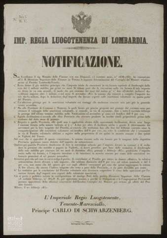 IMPERIALE REGIA LUOGOTENENZA DI LOMBARDIA. NOTIFICAZIONE