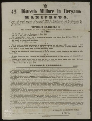 42° DISTRETTO MILITARE IN BERGAMO MANIFESTO A TENORE DI QUANTO PRESCRIVE