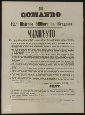 COMANDO DEL 42° DISTRETTO MILITARE IN BERGAMO MANIFESTO PER LA CHIAMATA