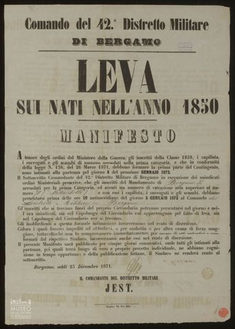COMANDO DEL 42° DISTRETTO MILITARE DI BERGAMO LEVA SUI NATI NELL'ANNO 1850