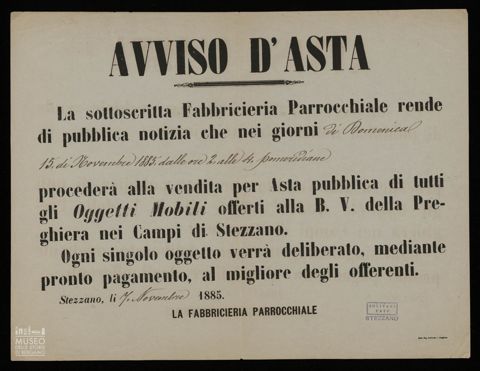 AVVISO D'ASTA. LA SOTTOSCRITTA FABBRICIERIA PARROCCHIALE RENDE DI PUBBLICA NOTIZIA