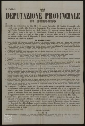 DEPUTAZIONE PROVINCIALE DI BERGAMO. INERENDO LE DELIBERAZIONI IN DATA 14 E 15