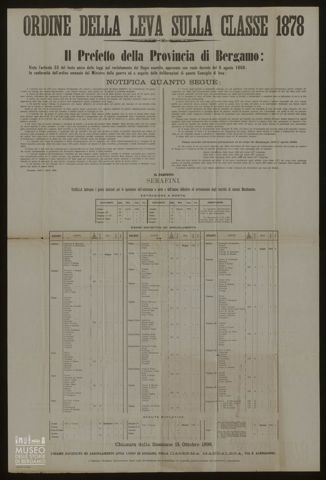 ORDINE DELLA LEVA SULLA CLASSE 1878. IL PREFETTO DELLA PROVINCIA DI BERGAMO