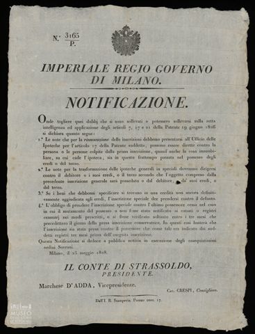 IMPERIAL REGIO GOVERNO DI MILANO. NOTIFICAZIONE