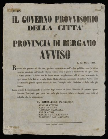 IL GOVERNO PROVVISORIO DELLA CITTÁ E PROVINCIA DI BERGAMO. AVVISO