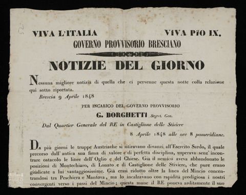 VIVA L'ITALIA VIVA PIO IX. GOVERNO PROVVISORIO BRESCIANO. NOTIZIE DEL GIORNO
