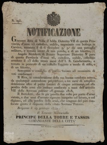 NOTIFICAZIONE. GIACOMO RIVA DI VILLA D'ADDA DISTRETTO VII
