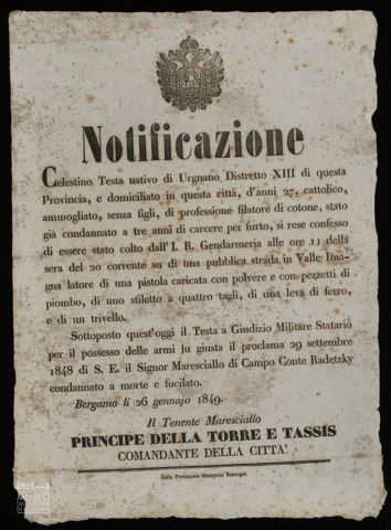 NOTIFICAZIONE. CELESTINO TESTA NATIVO DI URGNANO DISTRETTO XIII